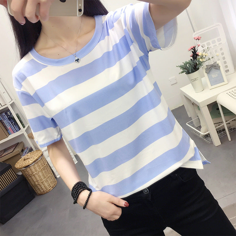 Casual Loose Oversized Crewneck T-Shirt with Side Slit, Colorful Stripe Pattern, Short Sleeve Women's Fashion Top