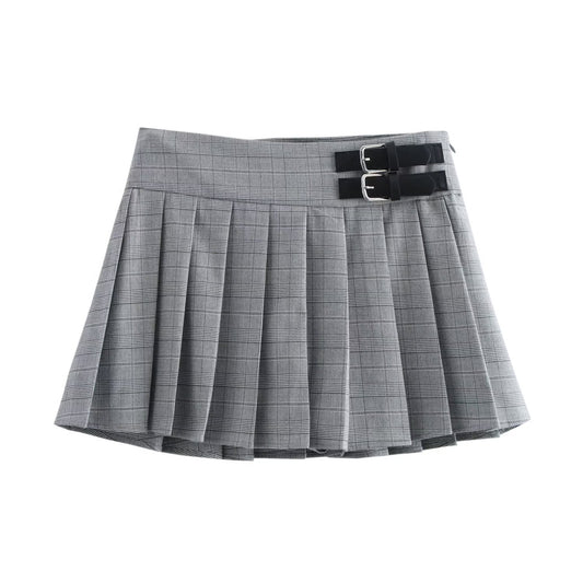 Playful Pleated Plaid Half Skirt with Buckle Decoration