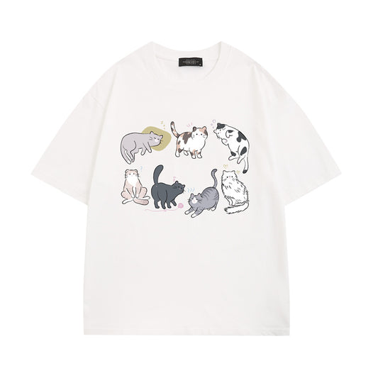 Cartoon Cat Print Casual Short Sleeves