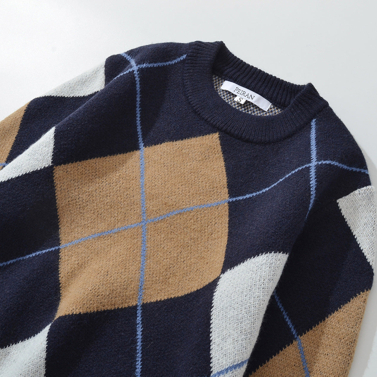 Round Neck Long Sleeve Loose Diamond Grid Pullover Sweater