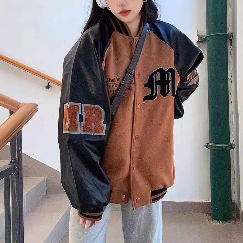 Embroidered Patchwork Baseball Jacket with Contrasting Colors