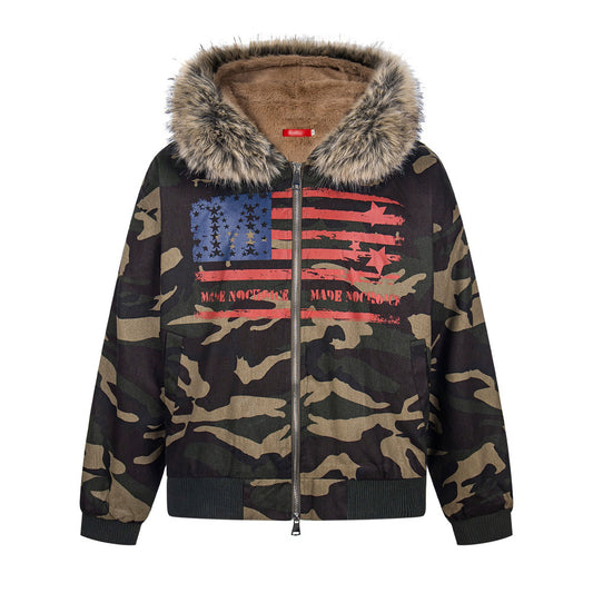 Camouflage Fur Collar Hooded Sweatshirt Cotton Jacket
