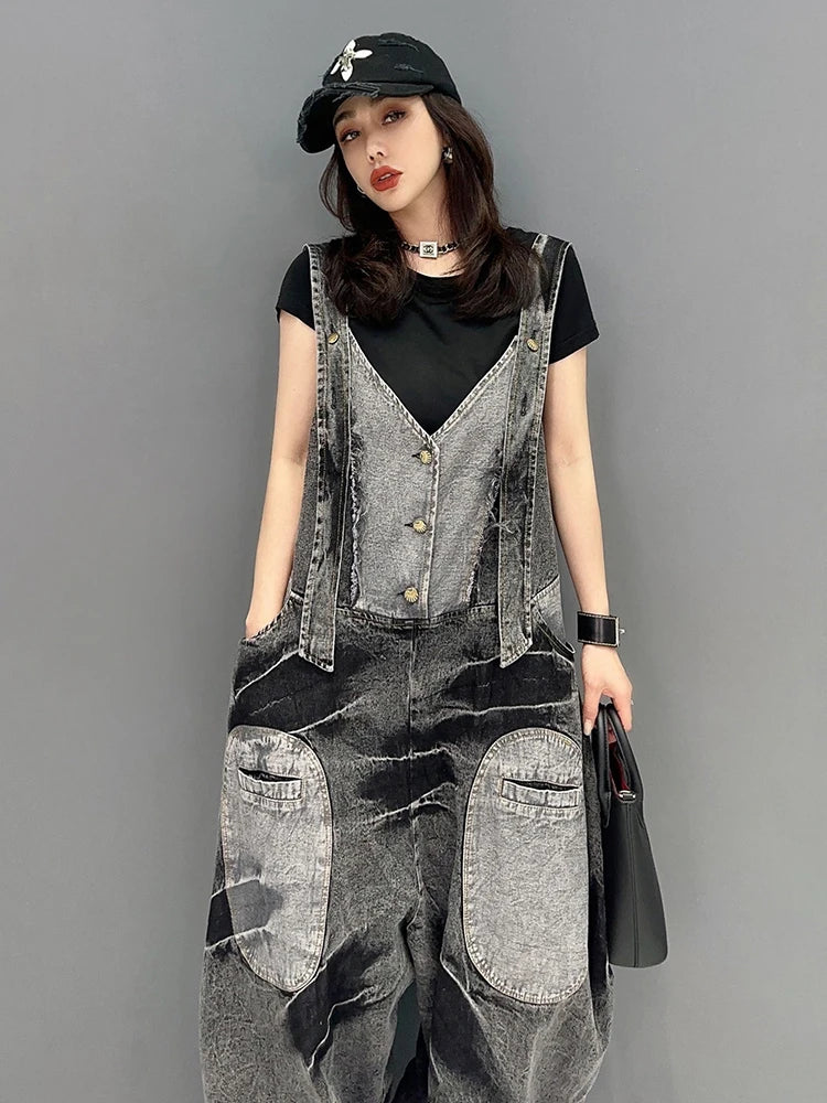 Playful Denim Patchwork V-Neck Jumpsuit for Women