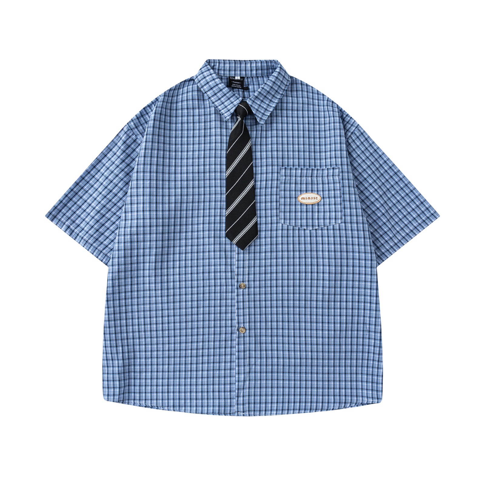 Retro Plaid Tie Collar Short Sleeve Shirt - Unisex
