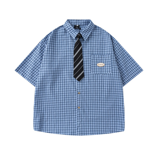 Retro Plaid Tie Collar Short Sleeve Shirt - Unisex