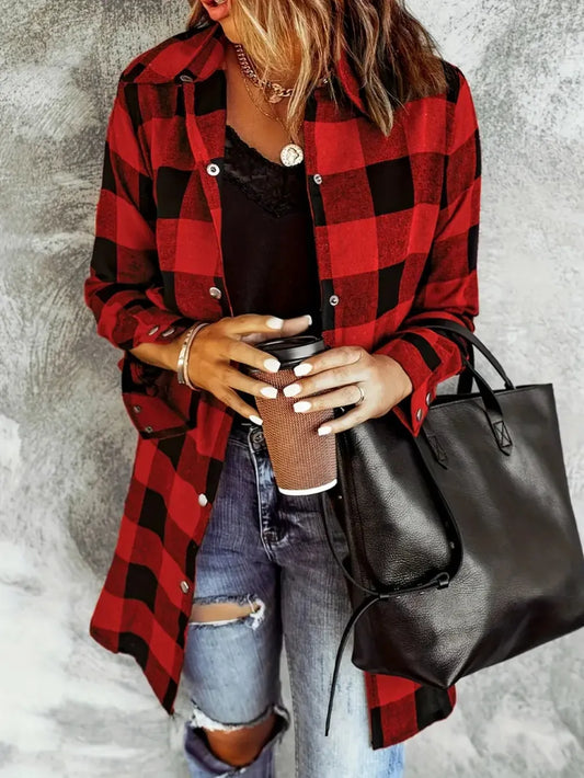 Playful Plaid Collared Neck Snap Down Long Sleeve Jacket