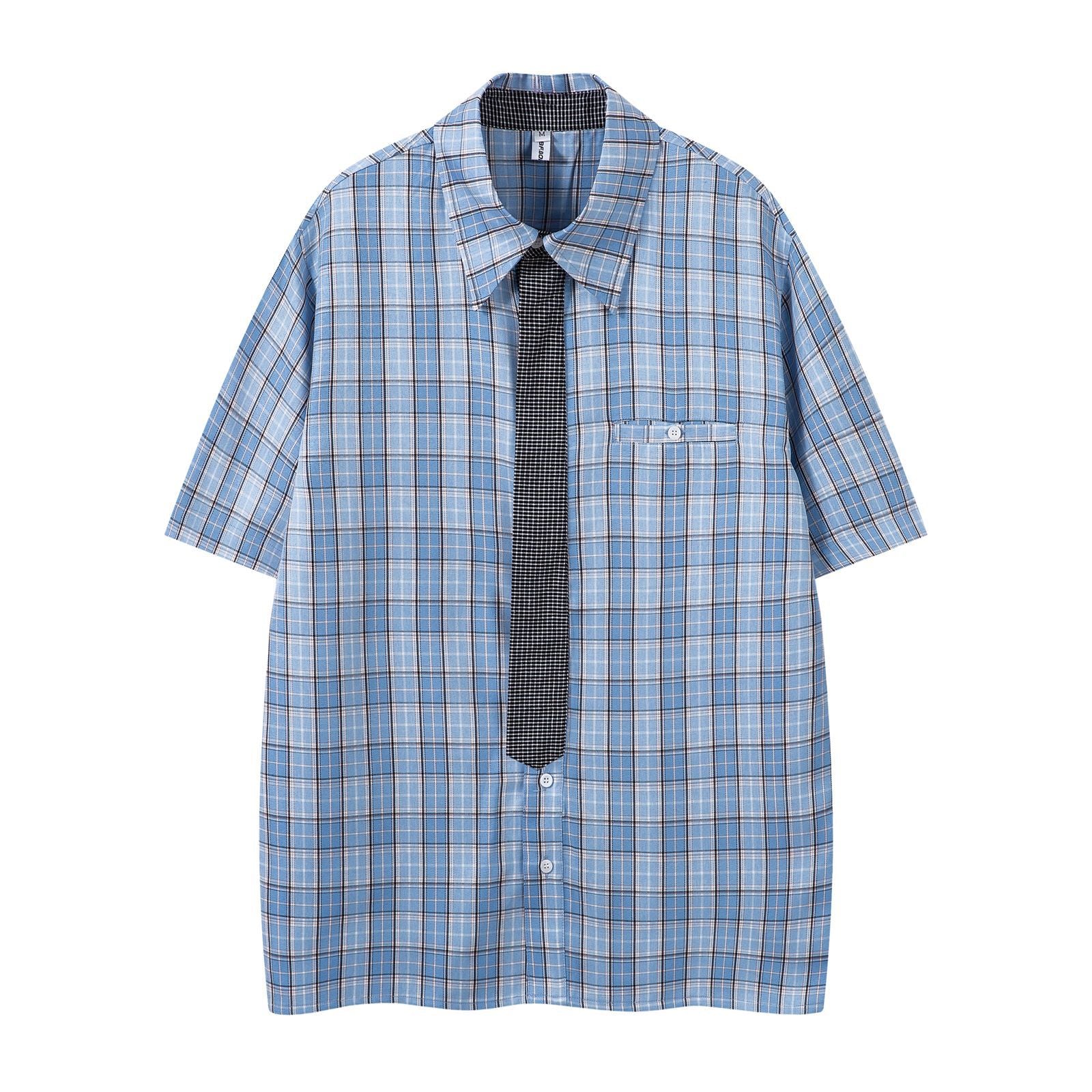 Harajuku Plaid Collar Tie Short Sleeve Shirt Unisex