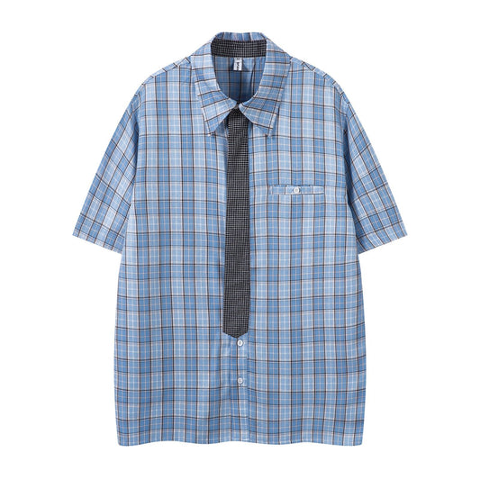 Harajuku Plaid Collar Tie Short Sleeve Shirt Unisex