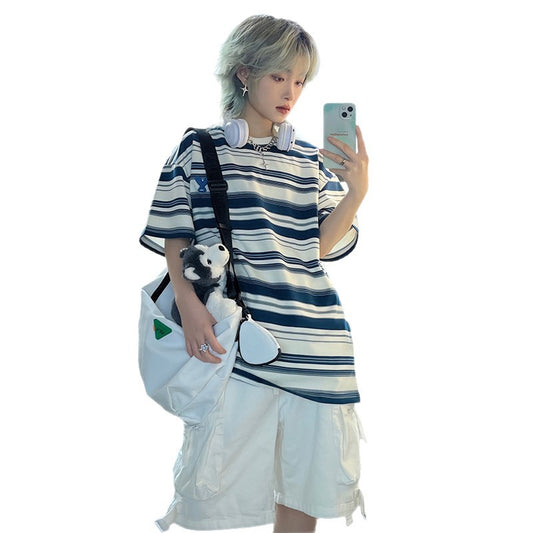Summer Blue and White Striped T-Shirt Loose Top