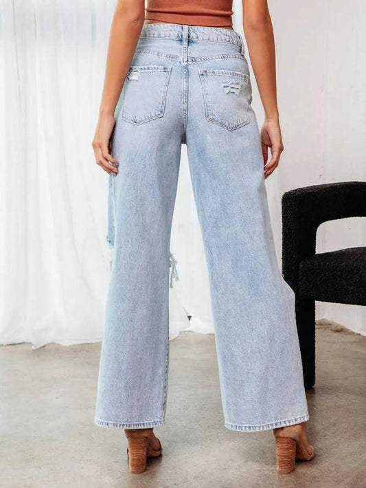 Distressed Wide Leg Jeans with Pockets - Harajuku Style