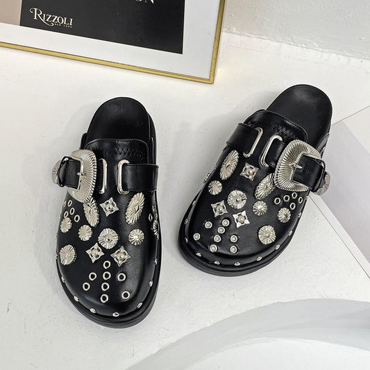 Metal Decor Ladies Leather Mules with Fur Inside