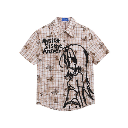 Playful Embroidered Checkered Short Sleeve Shirt for Women
