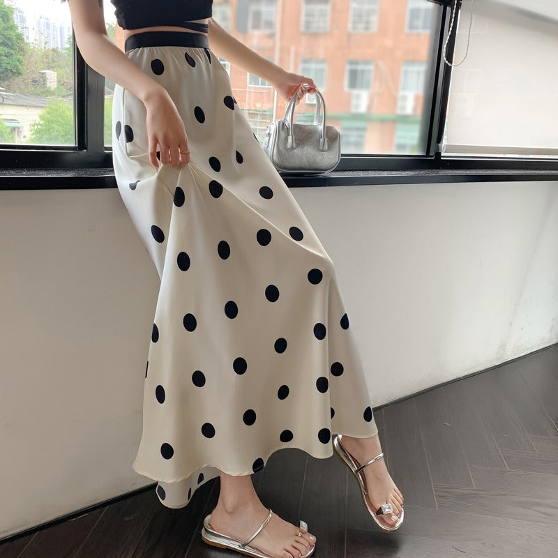 Women's Polka-Dot High-Waisted Satin A-Line Fishtail Long Skirt