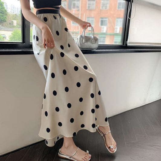 Women's Polka-Dot High-Waisted Satin A-Line Fishtail Long Skirt