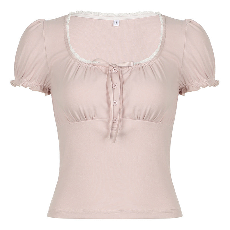 Lace-Up Striped Bow Lace Spliced Pleated Skirt