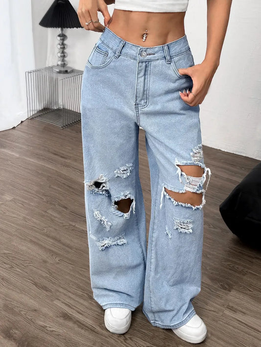 Distressed Wide Leg Jeans with Pockets - Harajuku Style