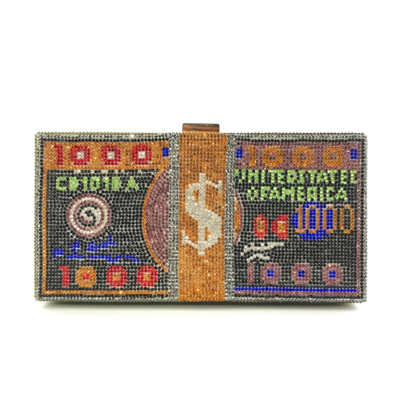Money Clutch Rhinestone Purse - 10000 Dollars Stack
