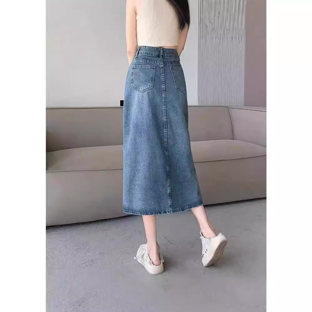 High-Waisted Front Slit Denim Skirt - Versatile A-Line Midi Skirt for Women, Slimming Fit