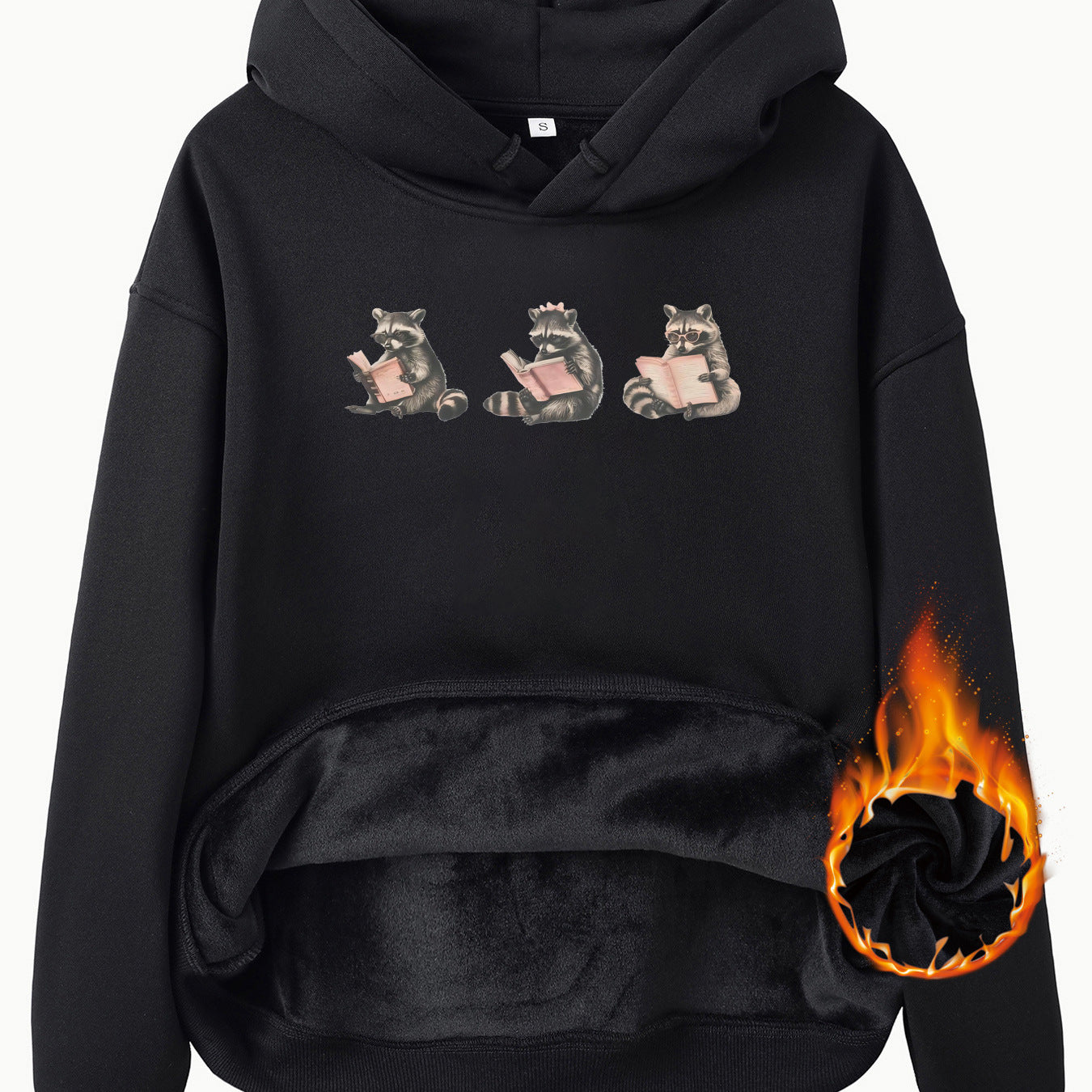 Hooded Long Sleeve Fleece Hoodie with Kangaroo Pocket and Raccoon Print
