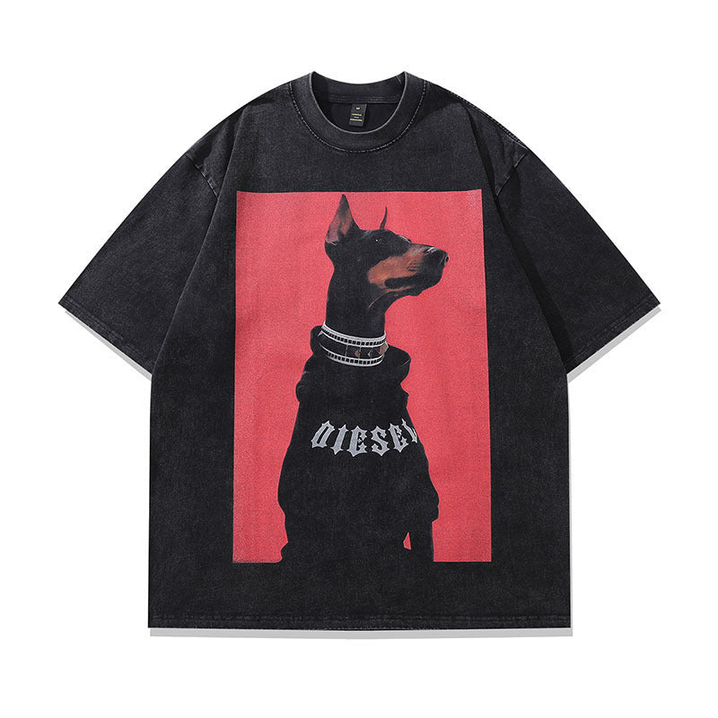 Vintage Dachshund Print Cotton Tee - Harajuku Style