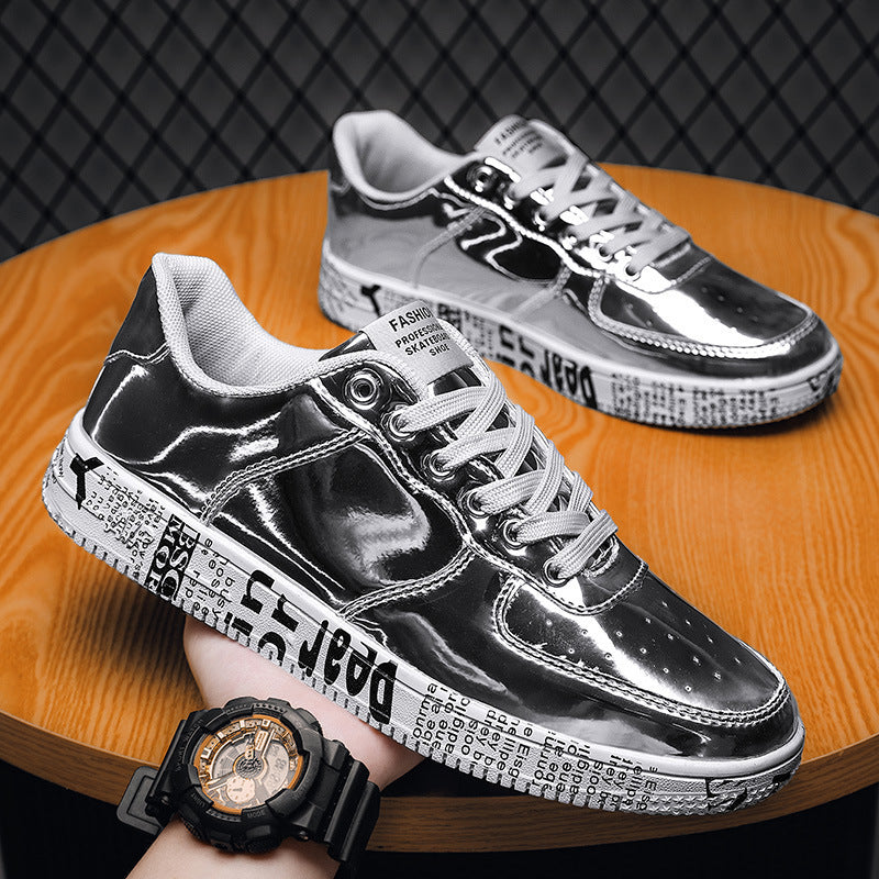 Men's Shiny Leather Panel Sneakers - Harajuku Style
