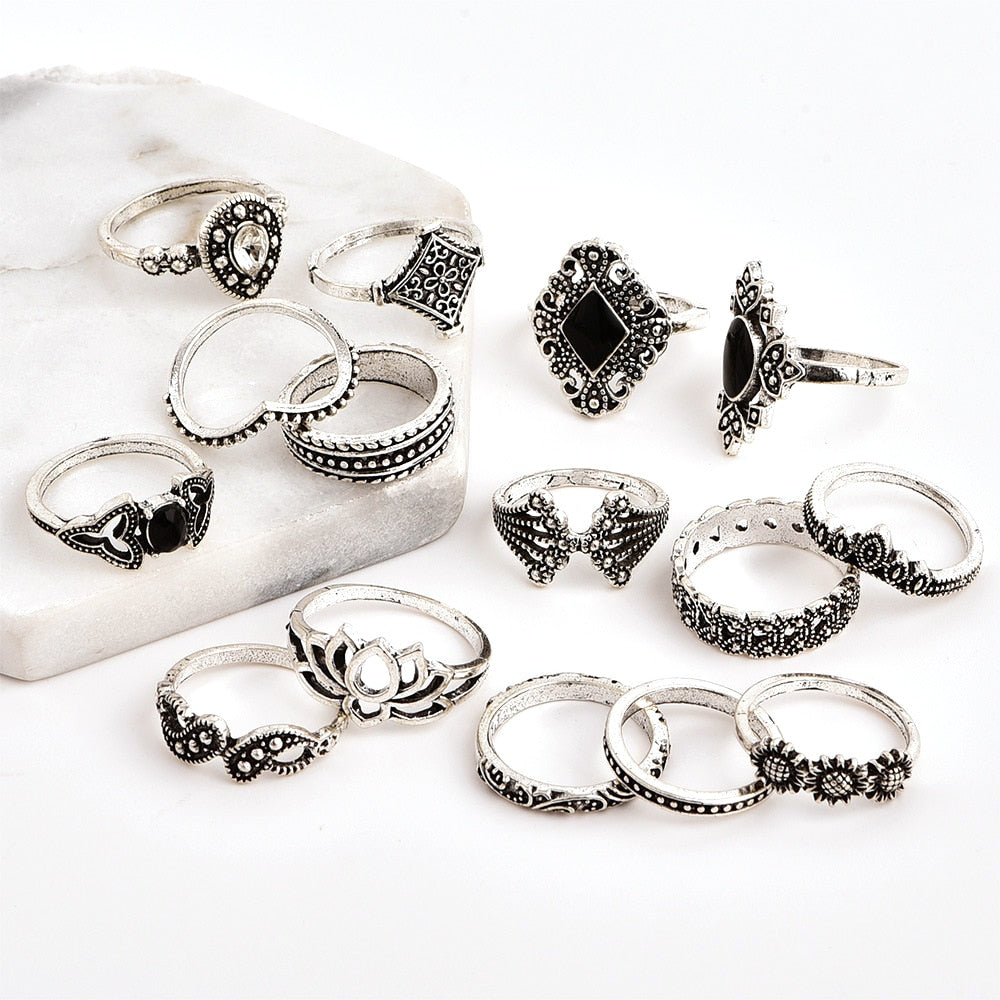 15 Pcs Bohemian Retro Crystal Flower & Leaf Silver Ring Set