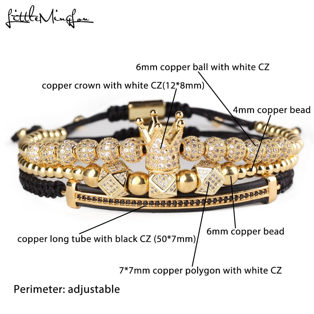 3pcs Luxury CZ Crown Charm Men’s Bracelets Set