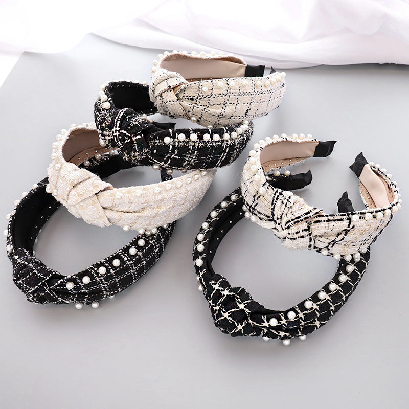 Nail Pearl Ethnic Plaid Hair Band