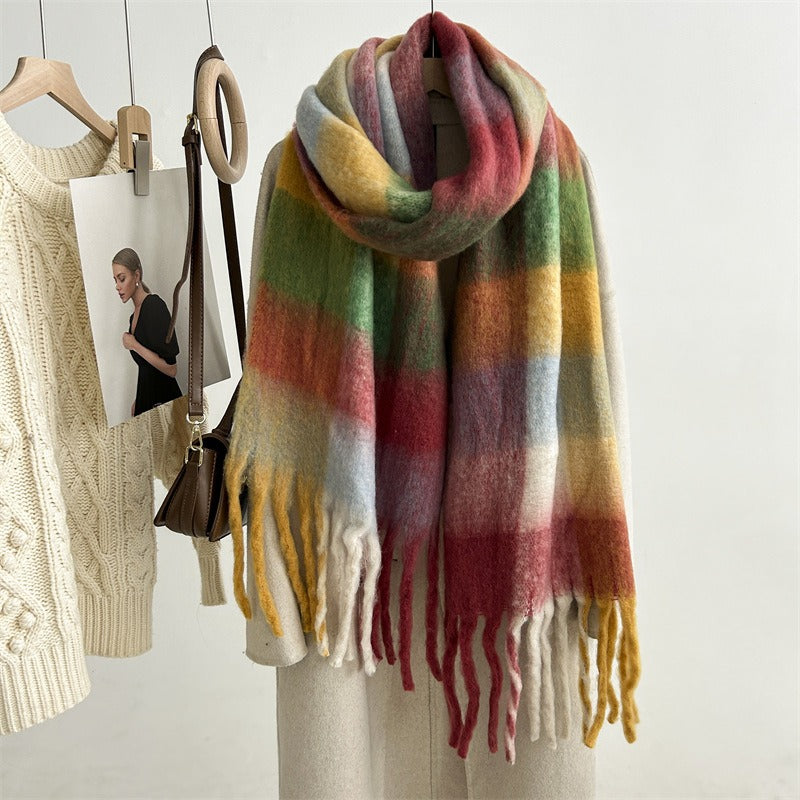 Harajuku-Inspired Mohair Plaid Scarf with Tassels