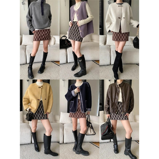 Vintage British Style Color-Blocked Plaid High-Waisted Slimming A-Line Wool Blend Mini Skirt