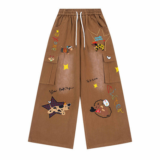 Retro Washed Dog Embroidered Denim Pants - Unisex