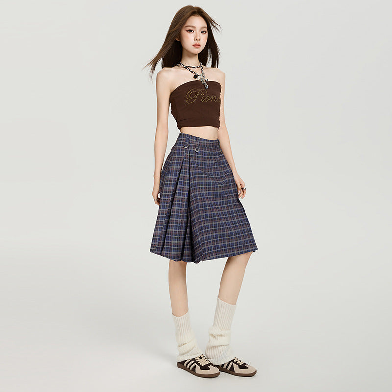 Women's College Style Plaid A-Line Summer Pleated Skirt in Blue Plaid