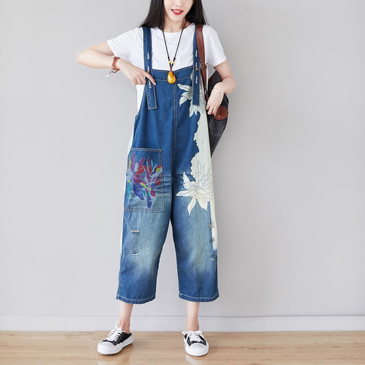 Personality Splicing Jeans: Asymmetric Cropped Wide Leg Overalls