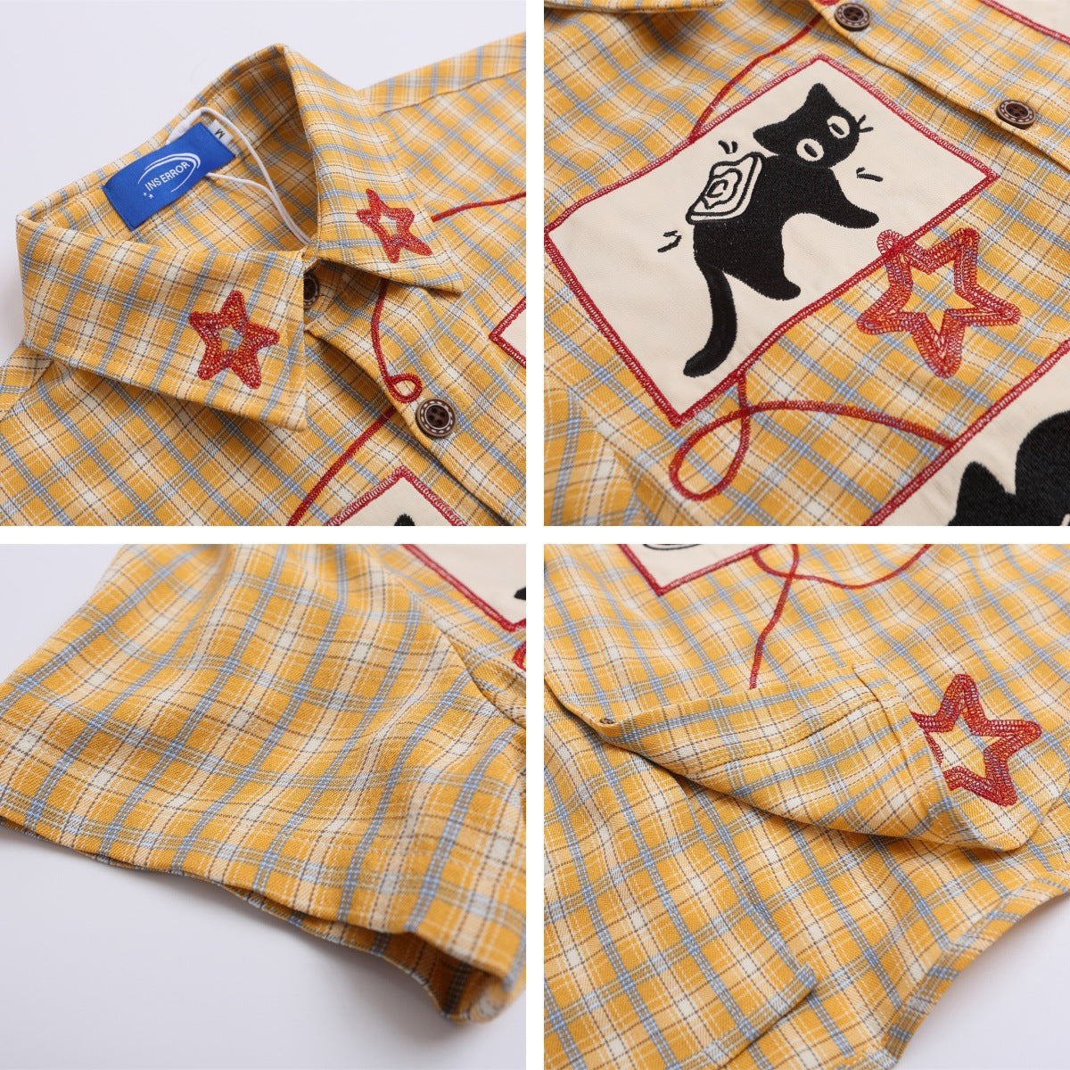 Retro Cute Cat Applique Short Sleeve Shirt
