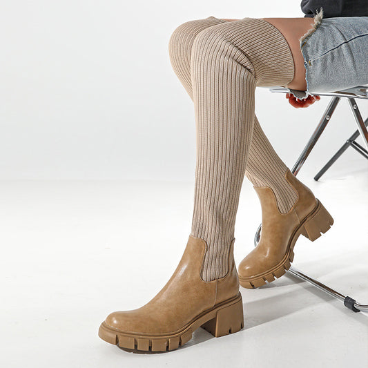 British Style Thick-Heeled Wool Over-The-Knee Boots