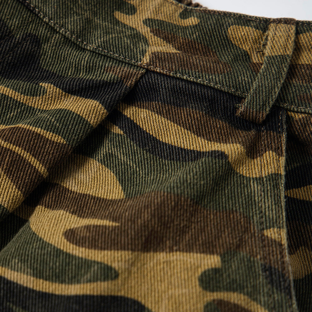 Retro Camo Denim Shorts with Cartoon Embroidery