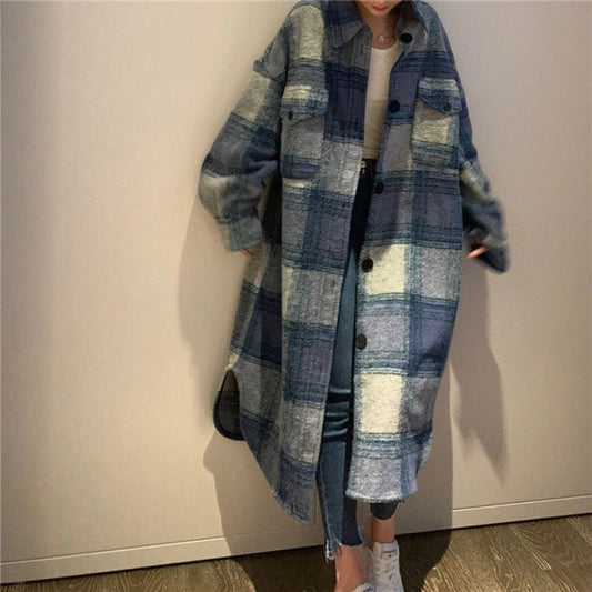 Harajuku Style Women’s Loose Long Woolen Plaid Coat