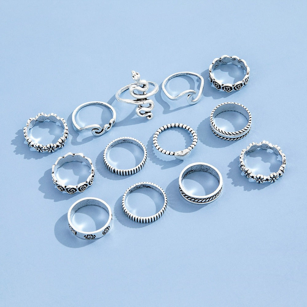 Playful Flower Love Geometric Snake Ring Set - 13 Pcs