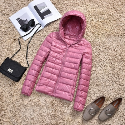 Ultra-Lightweight Slim Down Jacket for Women – Short Hooded Warm White Duck Down Coat