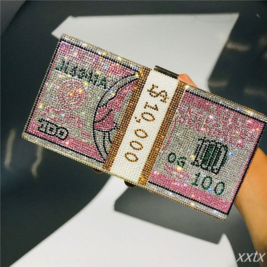 Money Clutch Rhinestone Purse - 10000 Dollars Stack