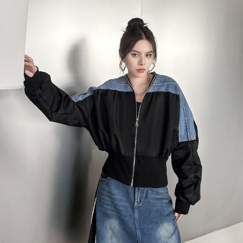 Harajuku Style Blue Denim Color-Block Jacket for Women