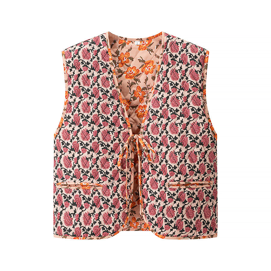 Women's Casual Printed Vest with V-Neck and Loose Fit