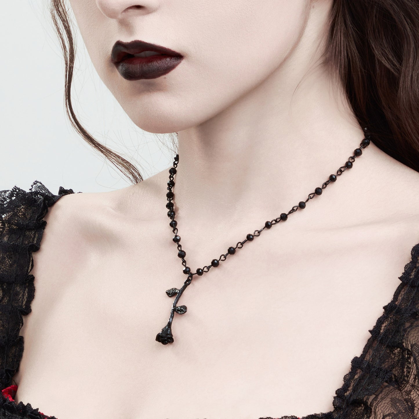 Chic Rose Bead Necklace with Dark Crystal Accents