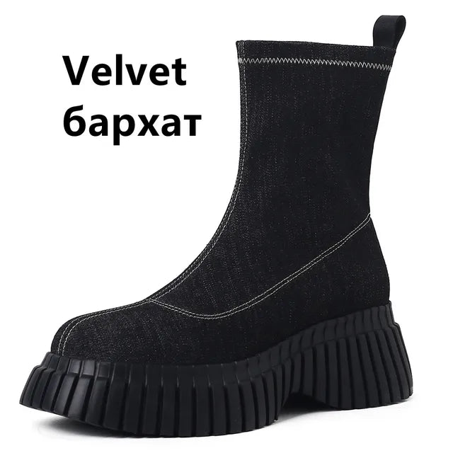 Fashion Platforms for Women - Stretch Short Boots - Genuine Leather Casual Ankle Boots - Round Toe Shoes