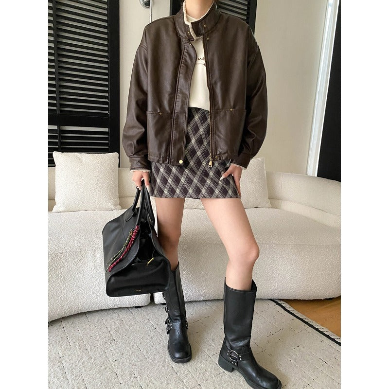 Vintage British Style Color-Blocked Plaid High-Waisted Slimming A-Line Wool Blend Mini Skirt