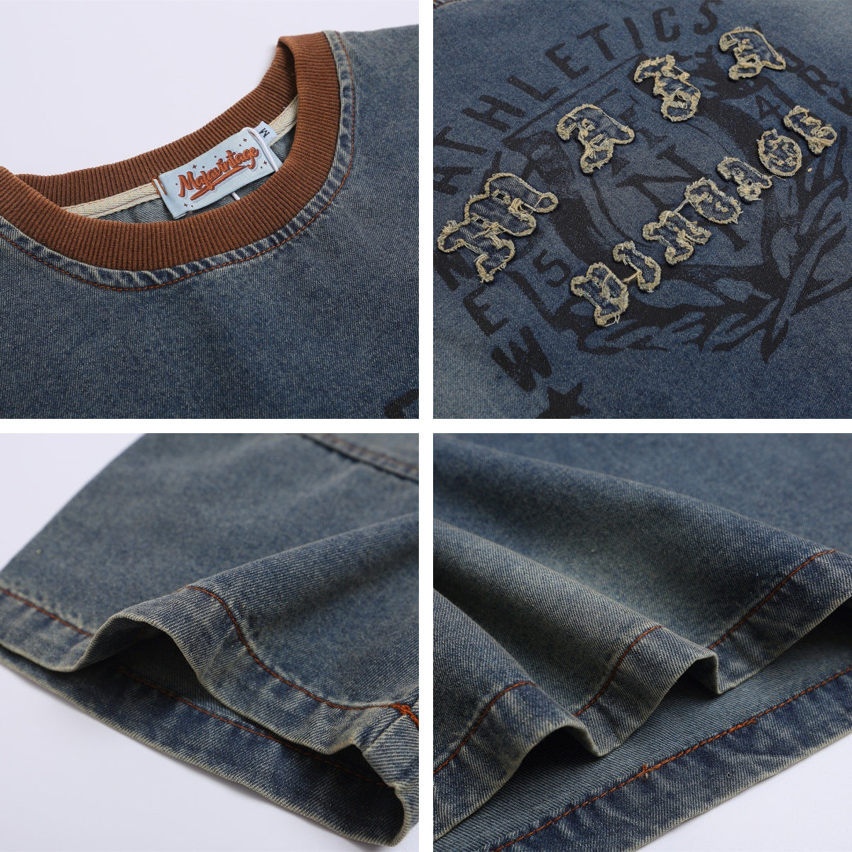 Color Block Washed Patch Embroidery Denim T-Shirt