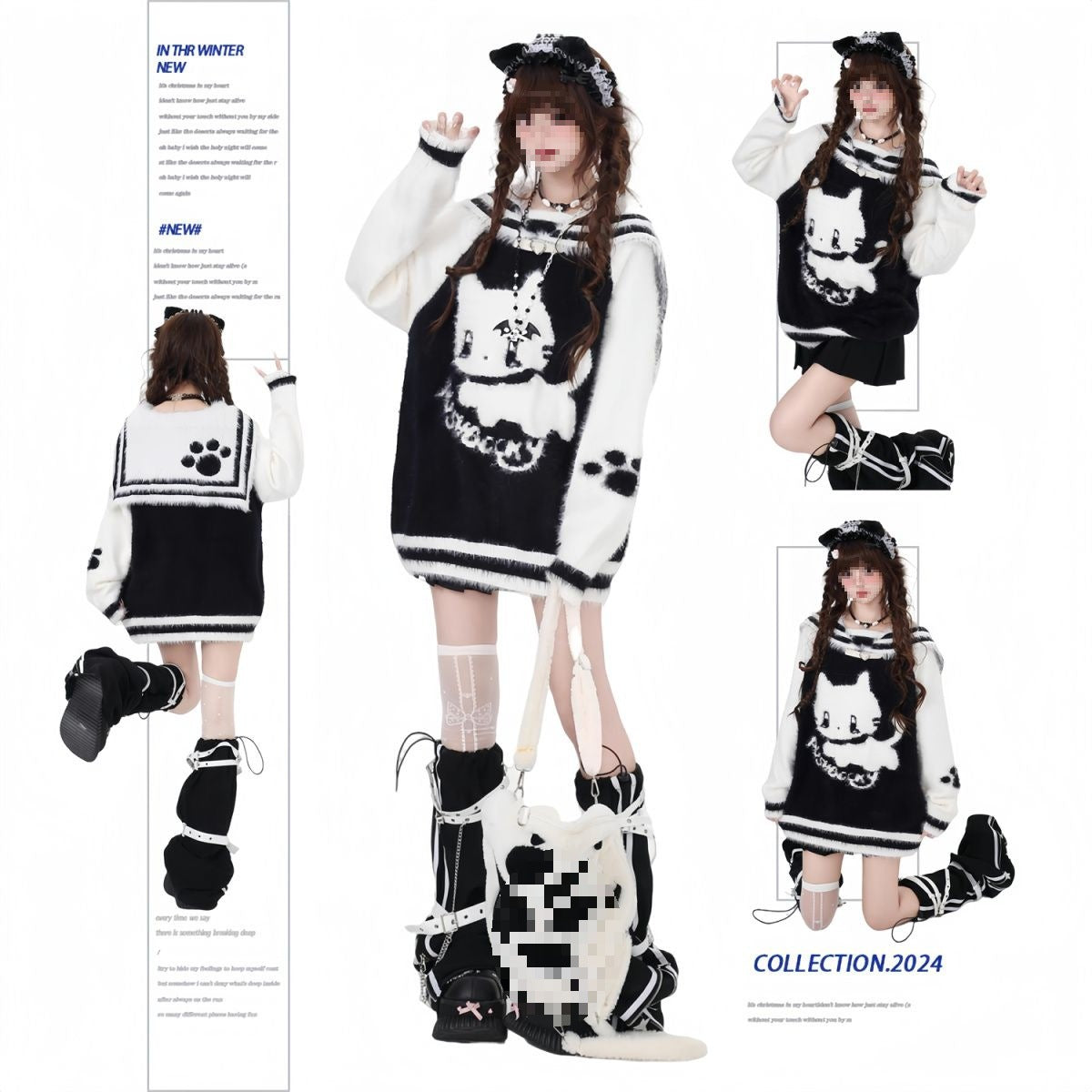 LED Cartoon Imitation Mink Fur Loose Black and White Sweater