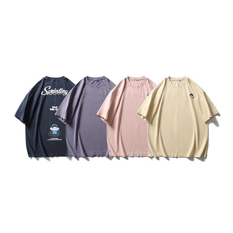 Playful Pattern Embroidered Water Washed Short Sleeve Tee