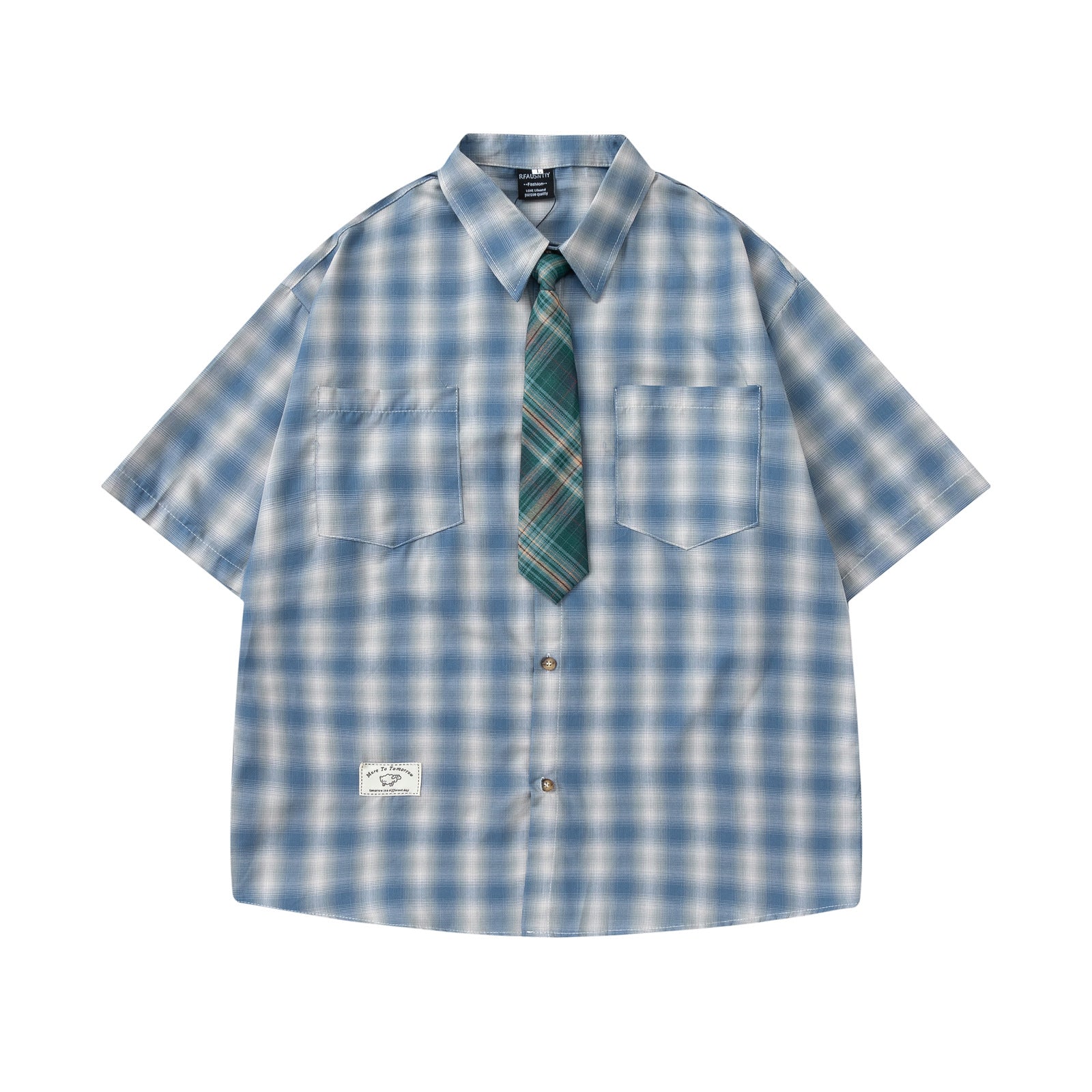 Retro Plaid Collar Tie Short Sleeve Shirt