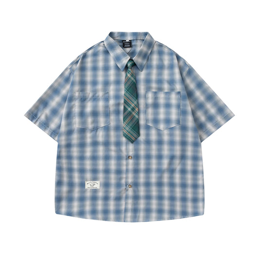 Retro Plaid Collar Tie Short Sleeve Shirt